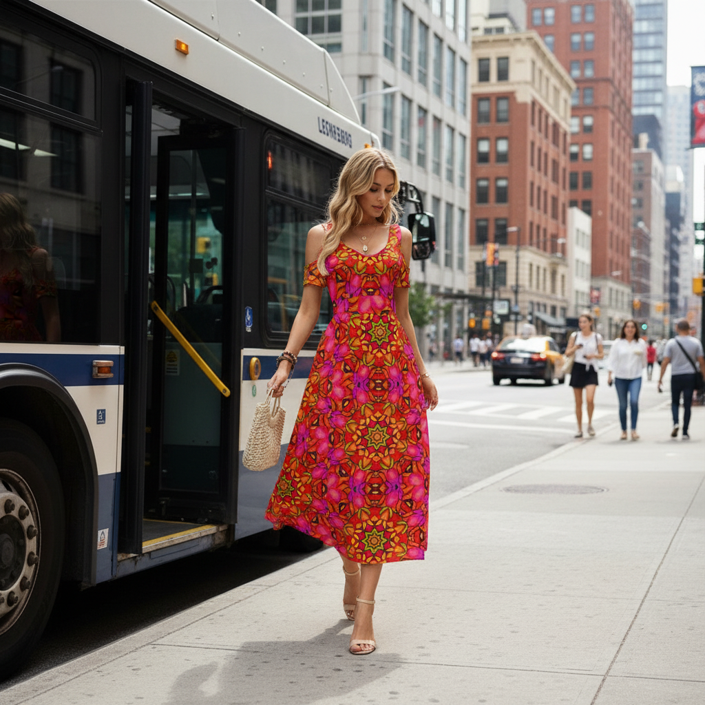 “Prismatic Petals” Women's V-neck Off-shoulder Dress