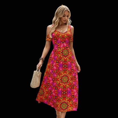 “Prismatic Petals” Women's V-neck Off-shoulder Dress