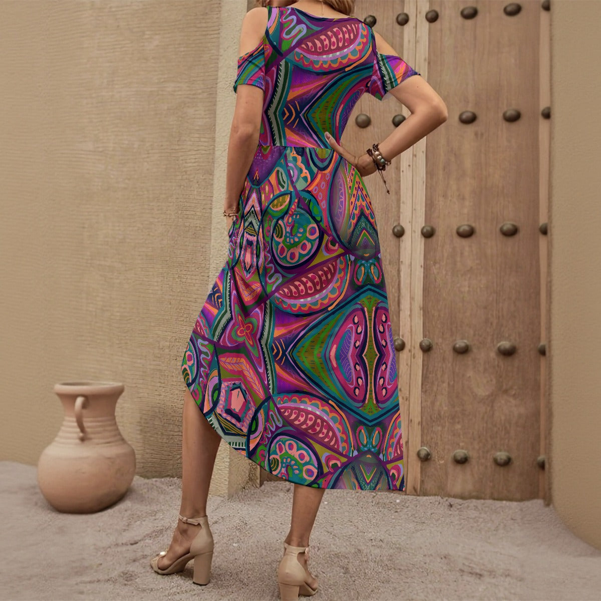 “Colour Burst” Women's V-neck Off-shoulder Dress