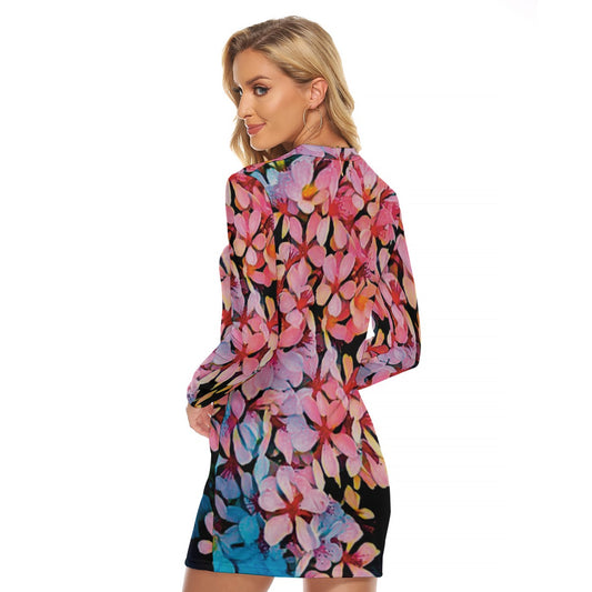 “Pink India Hawthorn” Women's Zip Front Tight Dress