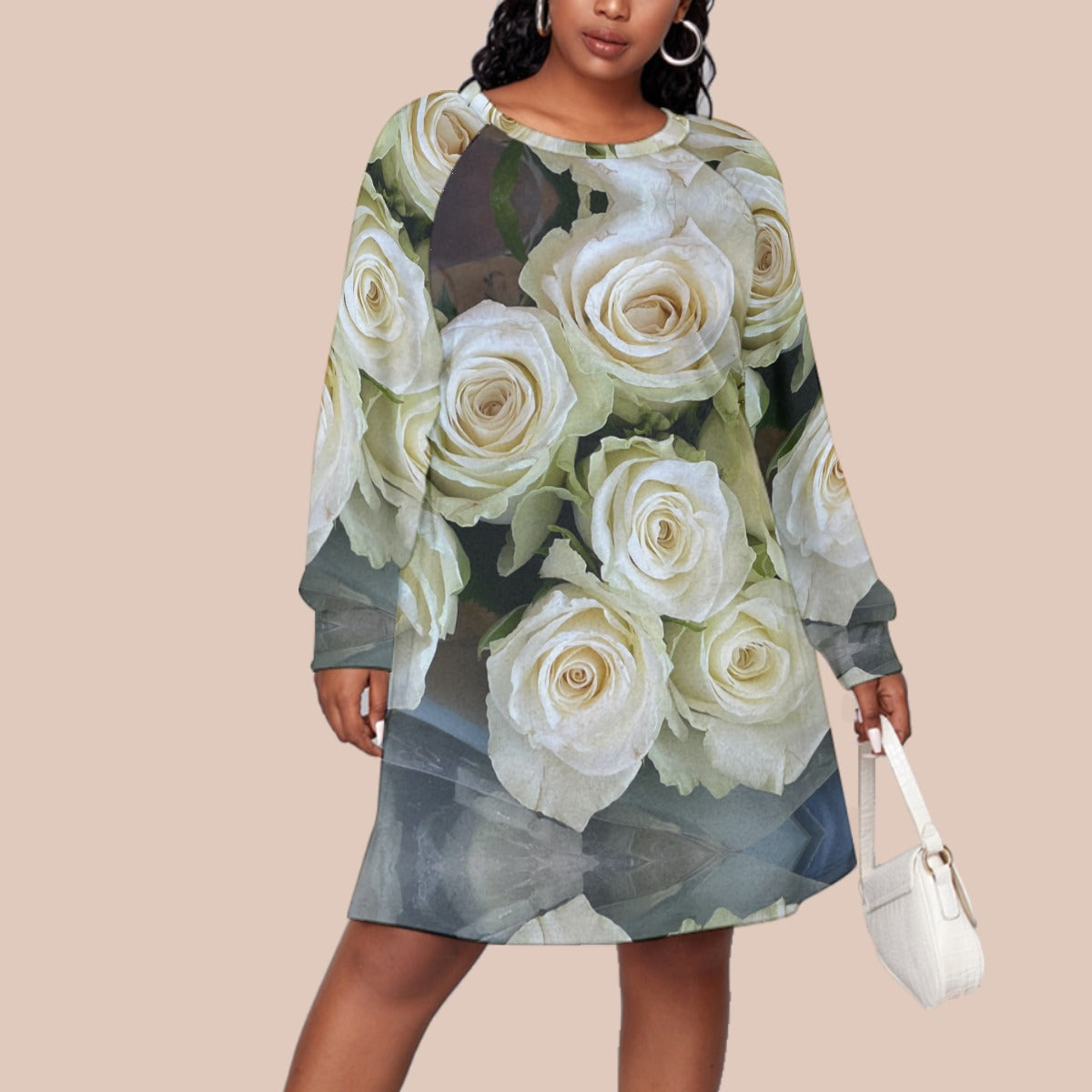“White Roses” Women's Dress With Raglan Sleeve(Plus Size)