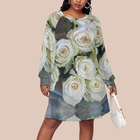 “White Roses” Women's Dress With Raglan Sleeve(Plus Size)