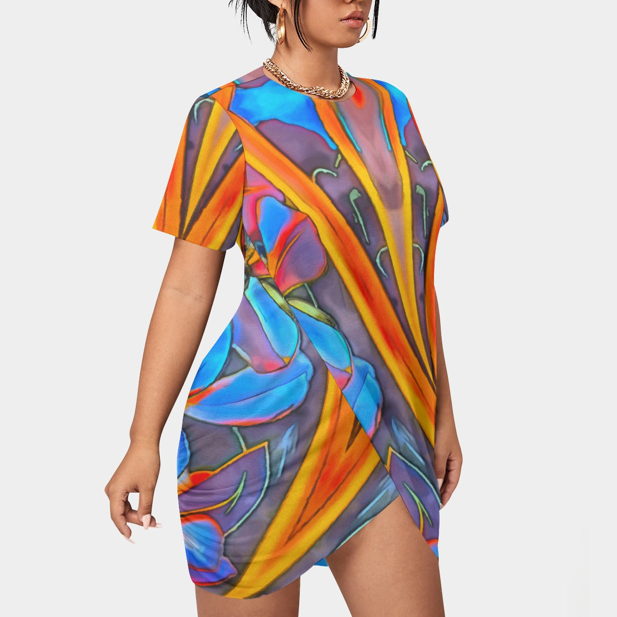 “Electric Bloom” Women’s Stacked Hem Dress With Short Sleeve（Plus Size）