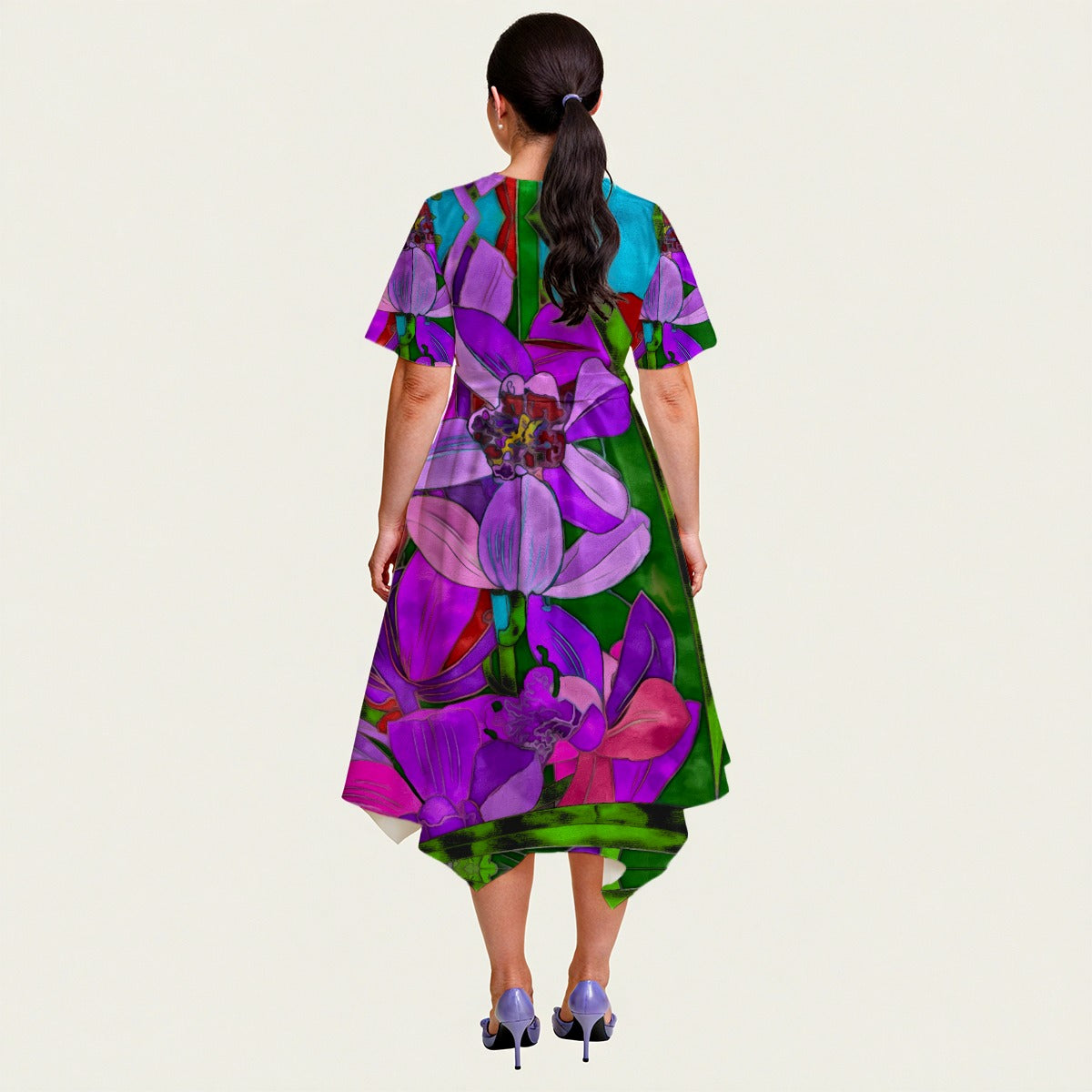 “Fantasia”  Women's Short Sleeve Belted Midi Dress