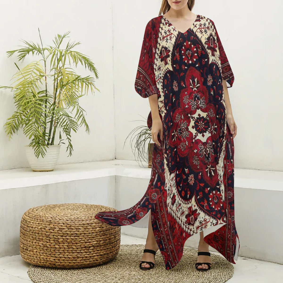 “Bohemian Bloom” Women's Imitation Silk V-neck Kaftan Robe