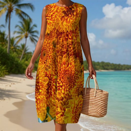 “Orange Chrysanthemum” Women's Sleeveless Dress