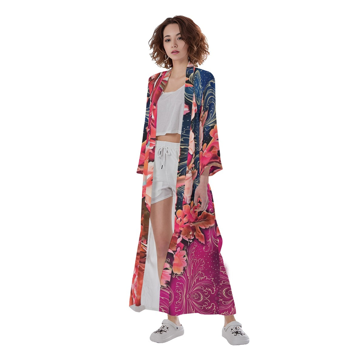 “Celestial Bloom” Women's Long Satin Kimono Robe