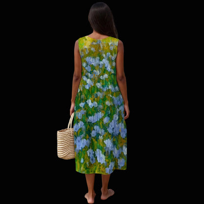 “Dreamscape Garden”  Women's Sleeveless Dress With Pocket|125GSM Slub Cotton