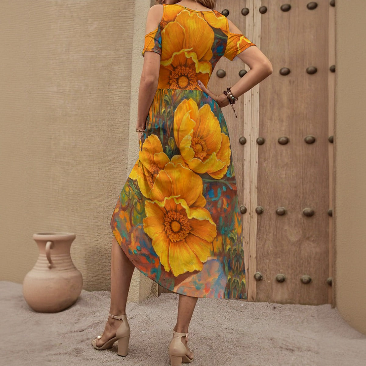 “Golden Cascade” Women's V-neck Off-shoulder Dress