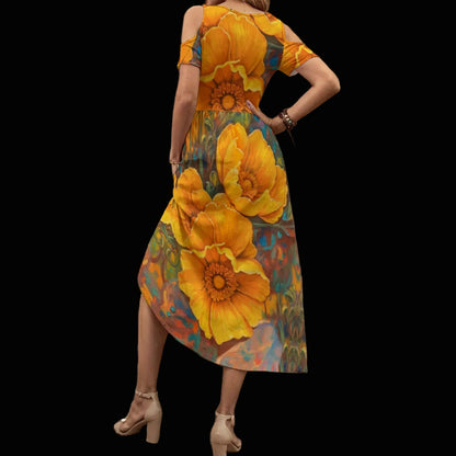 “Golden Cascade” Women's V-neck Off-shoulder Dress