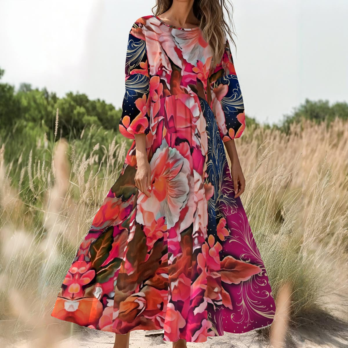 “Celestial Bloom” Women's Long Sleeve Dress