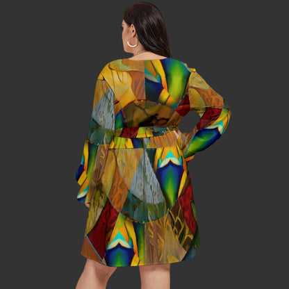 “Earthen Tessellation”  Women's V-neck Dress With Waistband(Plus Size)