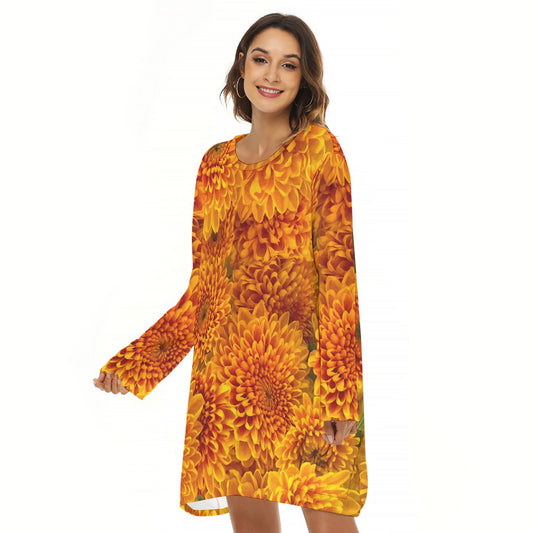 “Orange Chrysanthemum” Women's Loose Crew Neck Dress