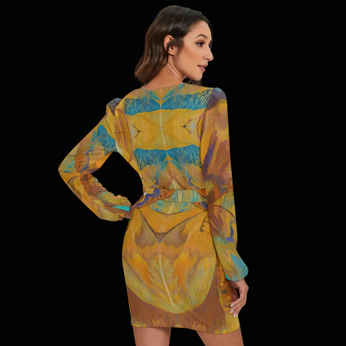 “Mirage” Women's Long Sleeve Dress With Waist Belt