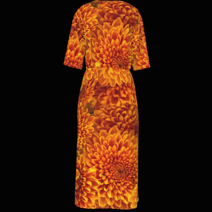 “Orange Chrysanthemum” Women's Short Sleeve V-neck Dress