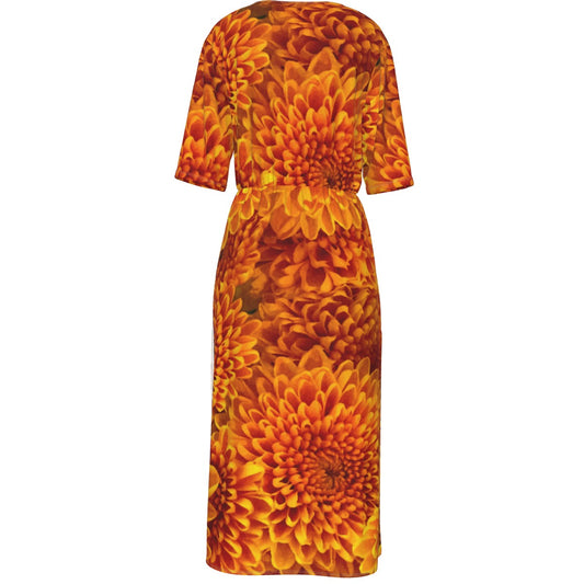 “Orange Chrysanthemum” Women's Short Sleeve V-neck Dress