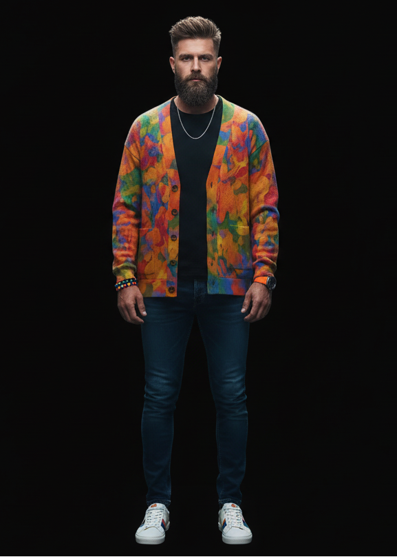 “Colour Garden”  Unisex V-neck Knitted Fleece Cardigan With Button Closure