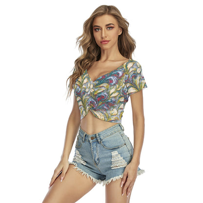 “Whispers of Spring” Women's Raglan Drawstring Front  Crop Tee