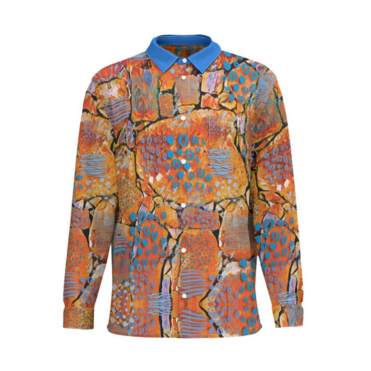 “Azure Canyon”  Men's Business Lapel Long Sleeve Shirt With Pocket|110GSM Imitation Flax