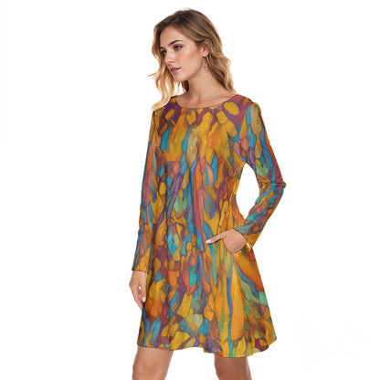 “Gilded Pathways” Women's Round Neck Dress|190GSM Cotton