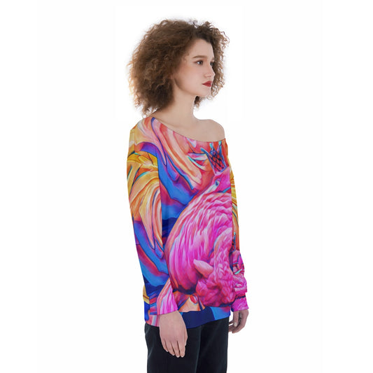 “Psychedelic Flamingo” Oversized Women's Off-Shoulder Sweatshirt