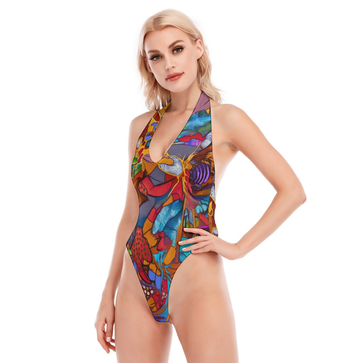 “Fractured Dreamscape” Women's Backless V-neck Skinny Bodysuit