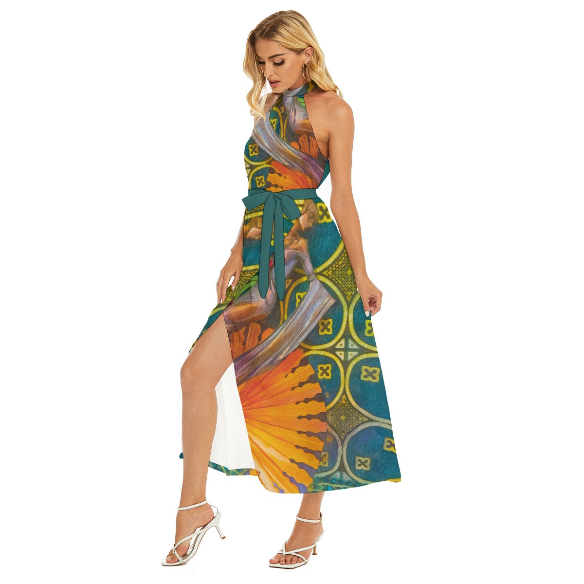 “Deco”  Women's Wrap Hem Belted Halter Dress