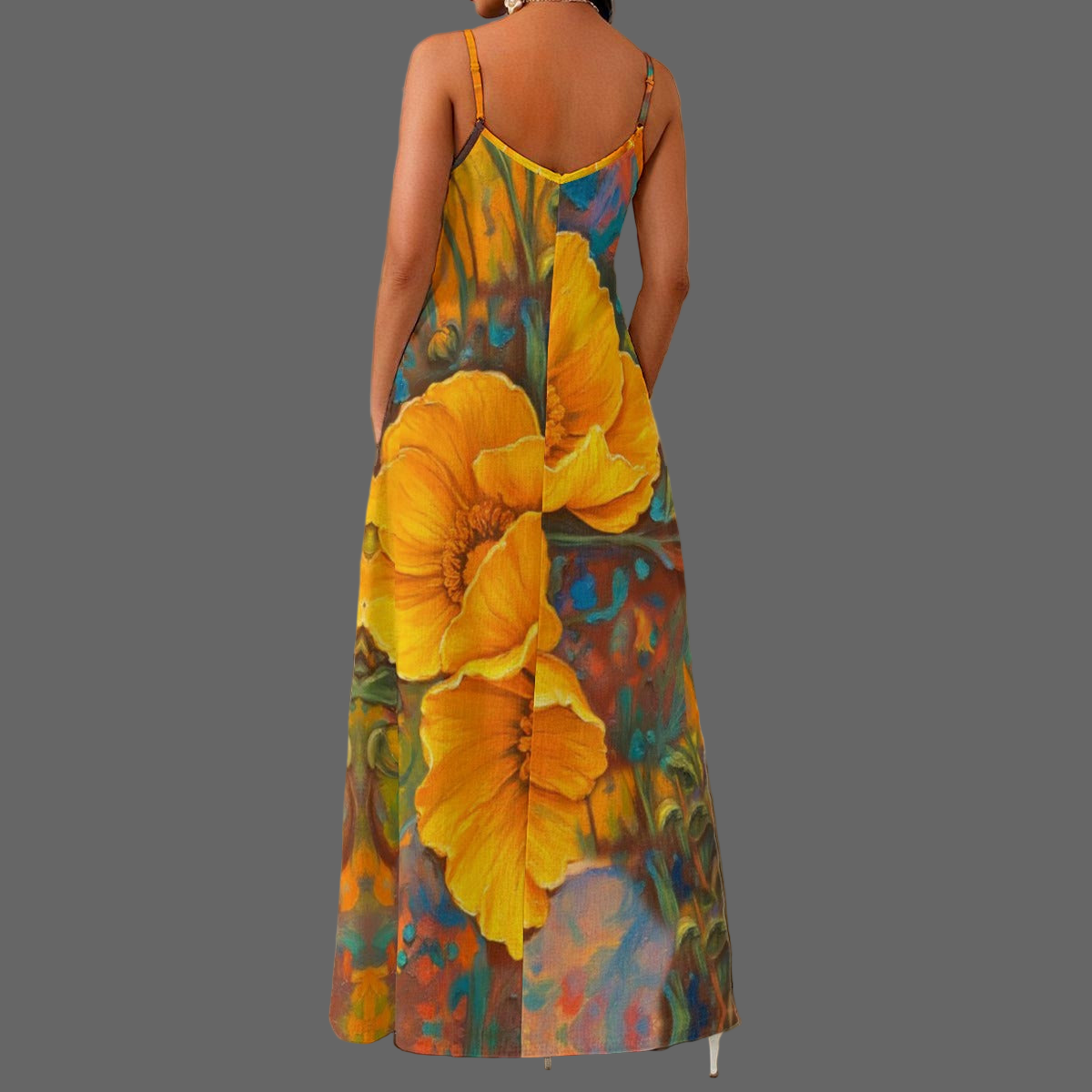 “Golden Cascade” Women's Elegant V-Neck Maxi Dress