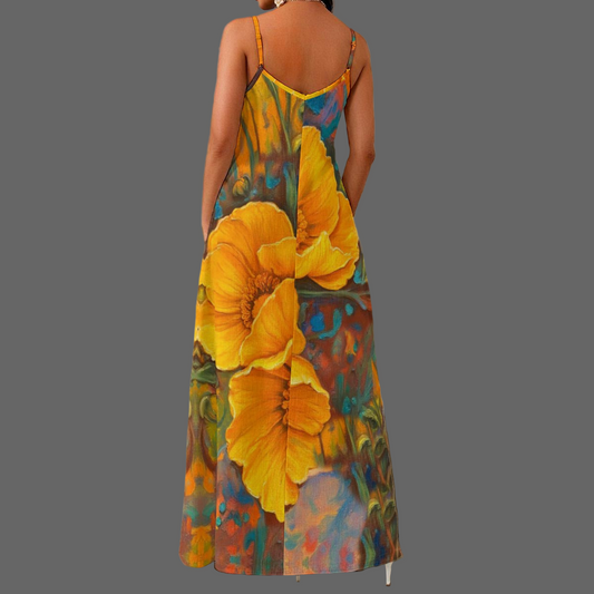 “Golden Cascade” Women's Elegant V-Neck Maxi Dress