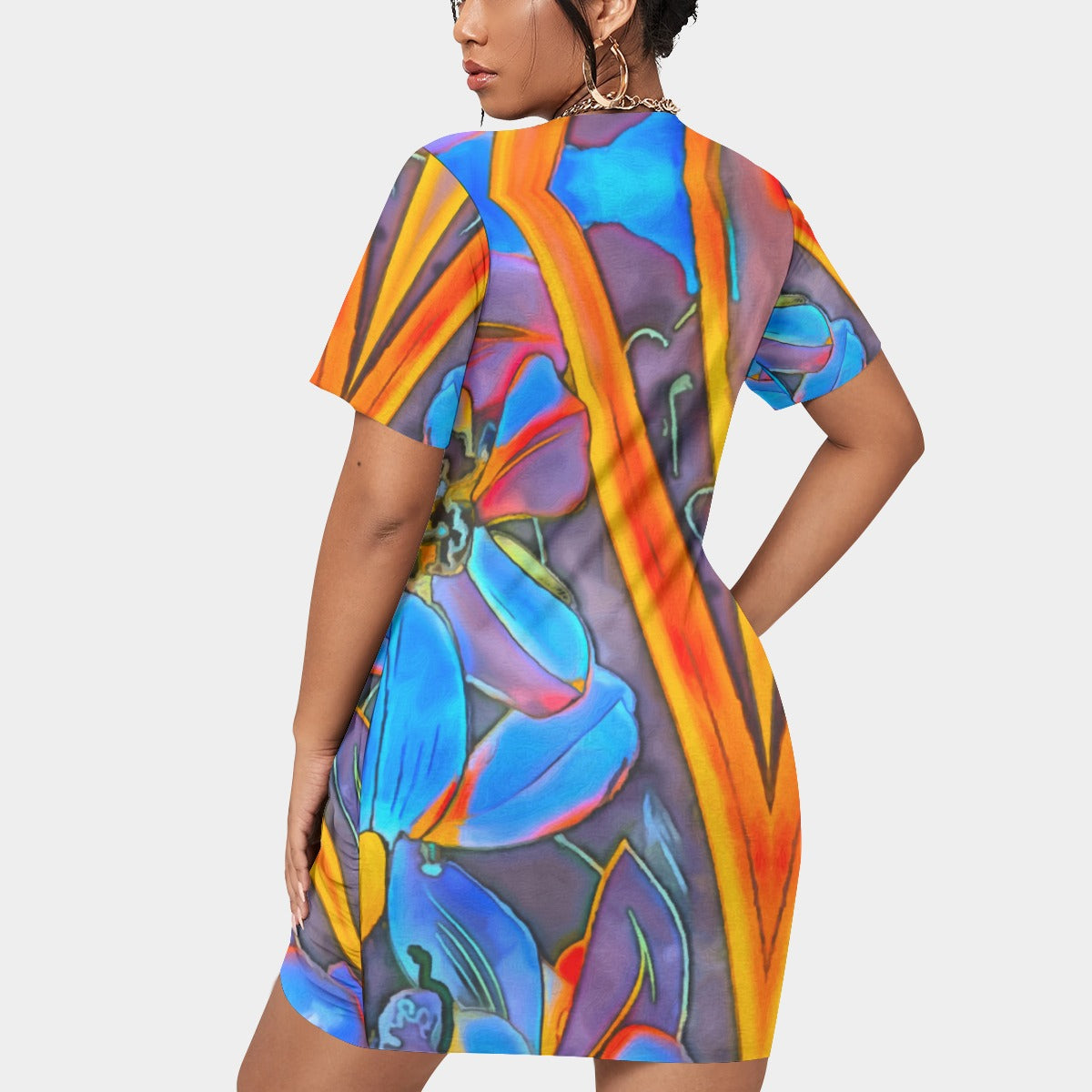 “Electric Bloom” Women’s Stacked Hem Dress With Short Sleeve（Plus Size）