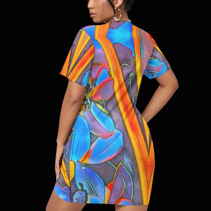 “Electric Bloom” Women’s Stacked Hem Dress With Short Sleeve（Plus Size）