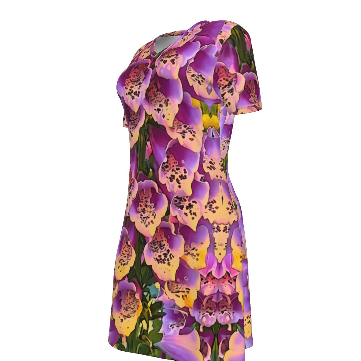 “Foxglove Cascade“ Women's V Neck Dress|180GSM Cotton