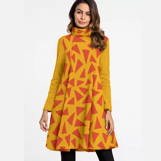 “Tangerine Tease” Women's High Neck Dress With Long Sleeve