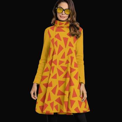 “Tangerine Tease” Women's High Neck Dress With Long Sleeve