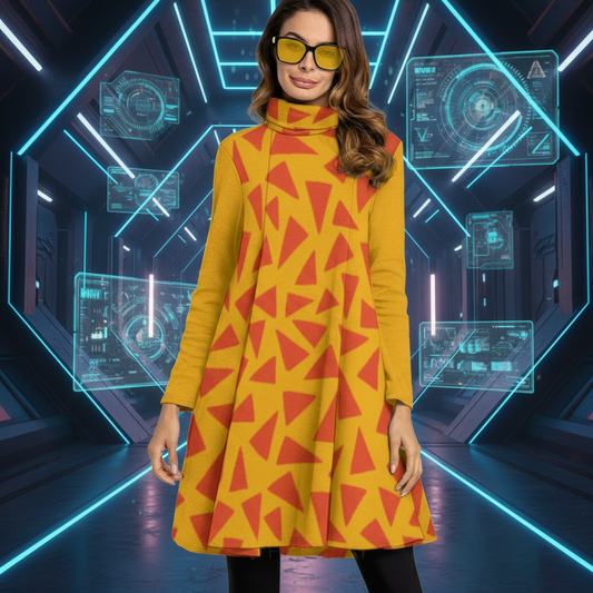 “Tangerine Tease” Women's High Neck Dress With Long Sleeve