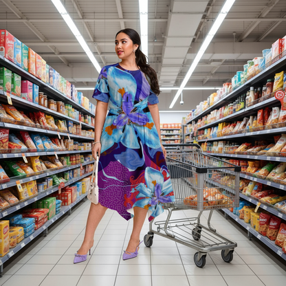 “The Blue Dietes” Short Sleeve Belted Midi Dress