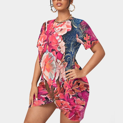 “Celestial Bloom” Women’s Stacked Hem Dress With Short Sleeve（Plus Size）