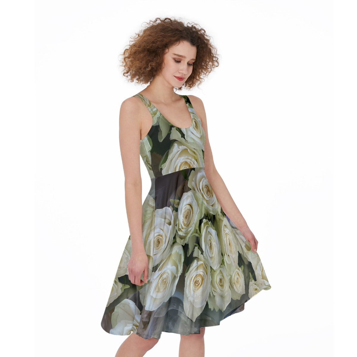 “White Roses” All-Over Print Women's Sleeveless Dress