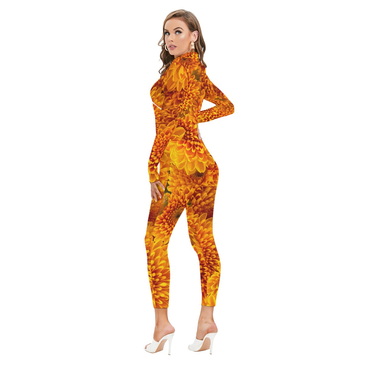 “Orange Chrysanthemum” Women's Long-sleeved High-neck Jumpsuit With Zipper