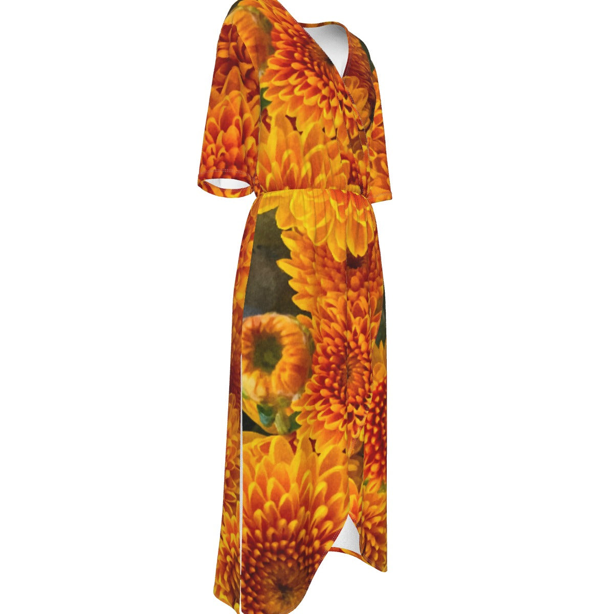 “Orange Chrysanthemum” Women's Short Sleeve V-neck Dress