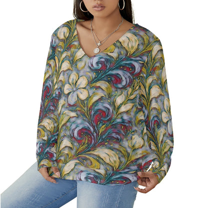 “Whispers of Spring” Women's V-neck T-shirt With Curved Hem(Plus Size)