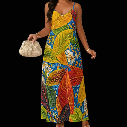 “Botanical Rhapsody” Women's Elegant V-Neck Maxi Dress