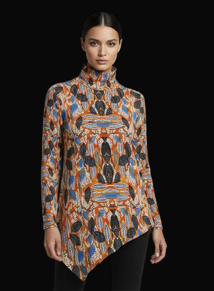 “Bohemian  Canopy”Women's Turtleneck T-shirt With Sloping Hem