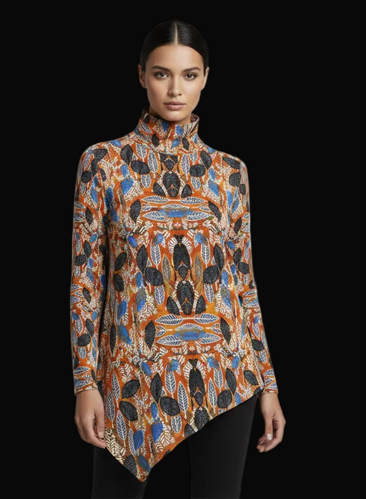 “Bohemian  Canopy”Women's Turtleneck T-shirt With Sloping Hem