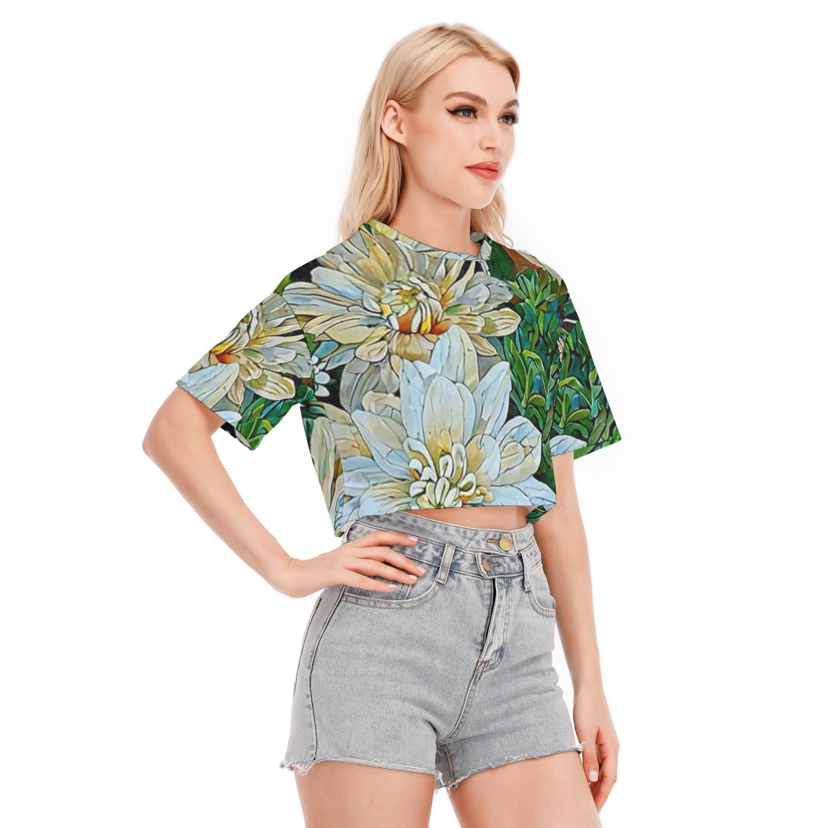 “White Floral Medley”  Women's Cropped T-shirt | 190GSM Cotton