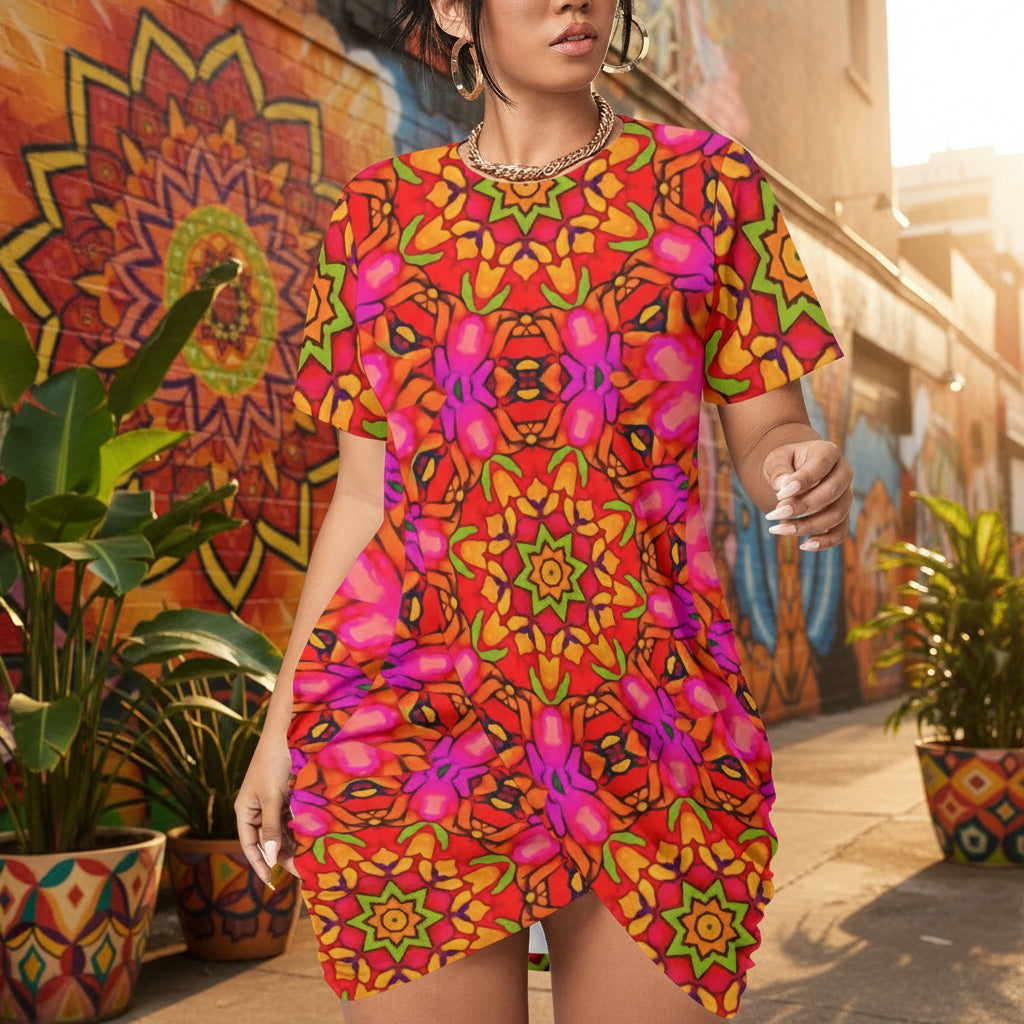 “Prismatic Petals” Women’s Stacked Hem Dress With Short Sleeve（Plus Size）
