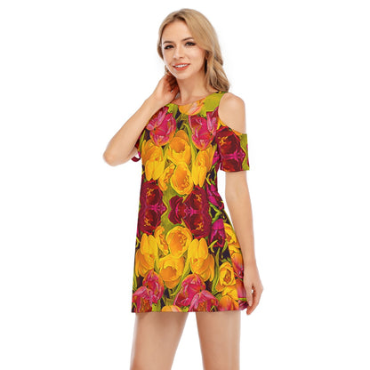 “Radiant Harmony” Women's Cold Shoulder Dress | 190GSM Cotton