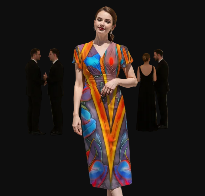 “Electric Bloom” Women's V-Neck Flutter Sleeve Midi Dress