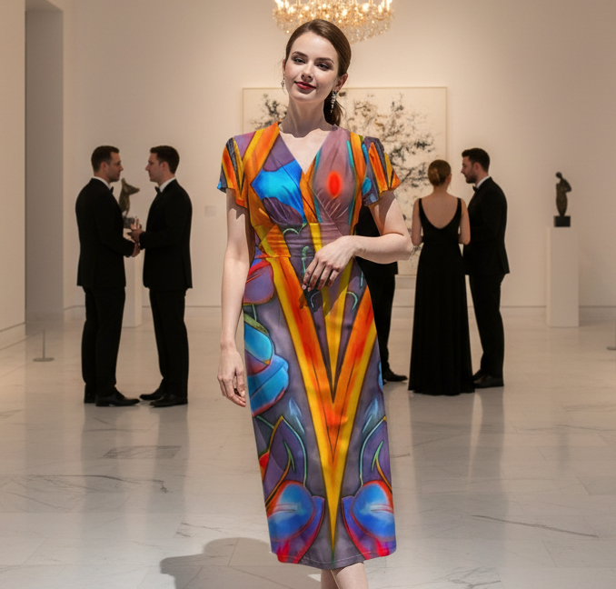 “Electric Bloom” Women's V-Neck Flutter Sleeve Midi Dress