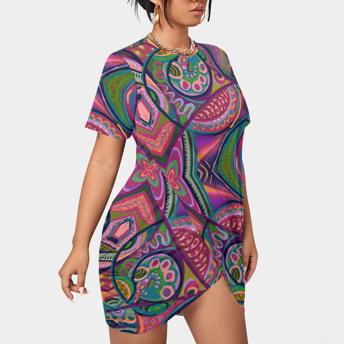 “Colour Burst”  Women’s Stacked Hem Dress With Short Sleeve（Plus Size）